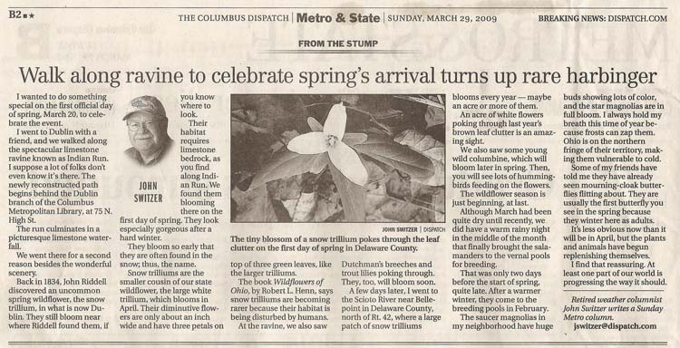 Columbus Dispatch article about snow trillium